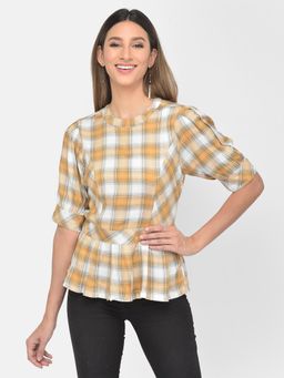 Latin Quarters - Mustard Check Peplum Top