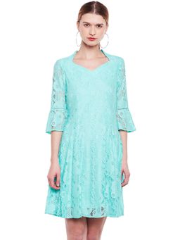 Latin Quarters - Women Turquoise Self Design Fit And Flare Dress