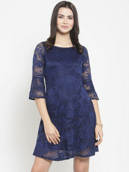 Latin Quarters - Navy Blue Detailing Bell Sleeves Dress