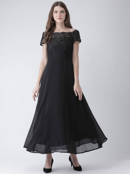 Latin Quarters - Black Solid Cap Sleeves Dress