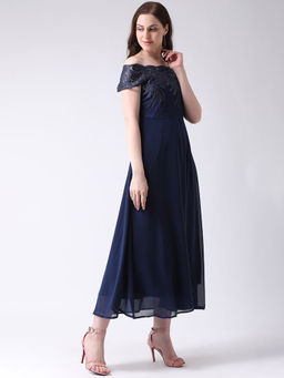 Latin Quarters - Navy Blue Solid Cap Sleeves Dress