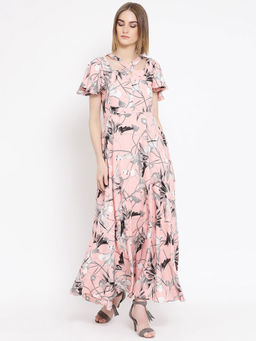 Latin Quarters - Peach Printed Flared Sleeves Dress
