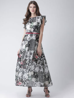 Latin Quarters - Off White Printed Flared Sleeves Dress