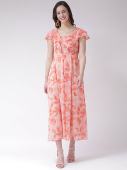Latin Quarters - Peach Printed Flared Sleeves Dress
