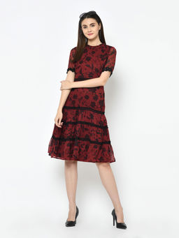 Latin Quarters - Maroon Printed Short Sleeves Dress