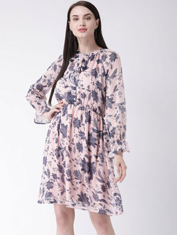 Latin Quarters - Peach Printed Long Sleeves Dress