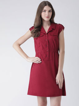 Latin Quarters - Red Solid Cap Sleeves Dress