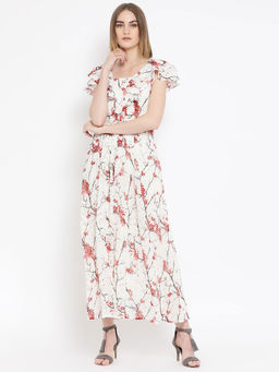 Latin Quarters - Off White Printed Flared Sleeves Dress