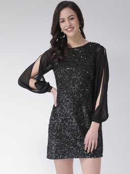 Latin Quarters - Black Embellished Long Sleeves Dress