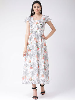 Latin Quarters - Off White Floral Print Flared Sleeves Dress