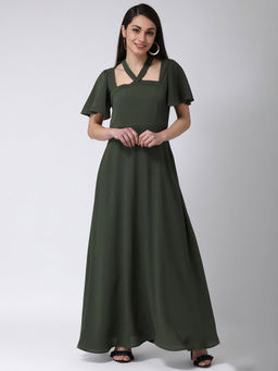 Latin Quarters - Green Solid Flared Sleeves Dress