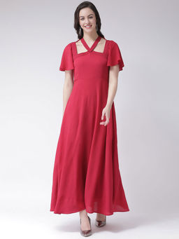 Latin Quarters - Maroon Solid Flared Sleeves Dress