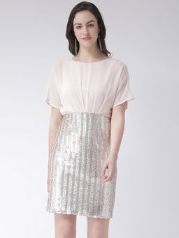 Latin Quarters - Beige Embellished Short Sleeves Dress