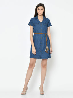 Latin Quarters - Blue Solid Short Sleeves Dress
