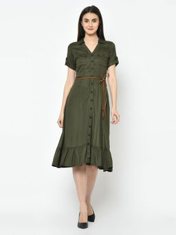 Latin Quarters - Green Plain Short Sleeves Dress