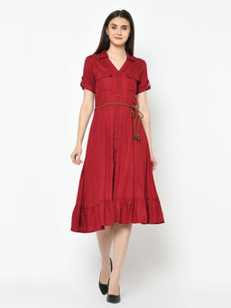 Latin Quarters - Maroon Solid Short Sleeves Dress
