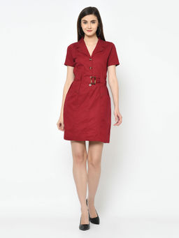 Latin Quarters - Red Solid Short Sleeves Dress