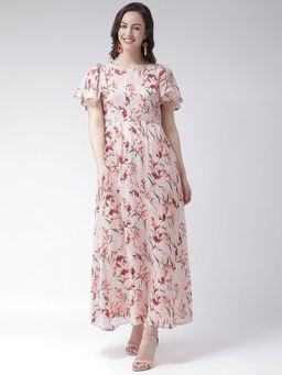 Latin Quarters - Peach Floral Flared Sleeves Dress