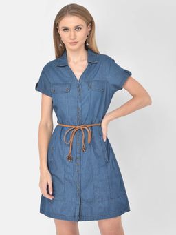Latin Quarters - Blue Knee Length Dress With Short Sleeve