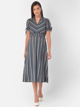 Latin Quarters - Stripe Smocking Dress with Tie Knot Sleeve