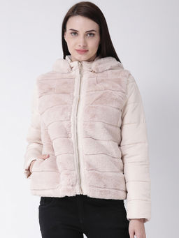 Latin Quarters - Beige Fur Solid Full Sleeve Fur Jacket
