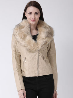 Latin Quarters - Beige Pu Solid Full Sleeve Fur Jacket