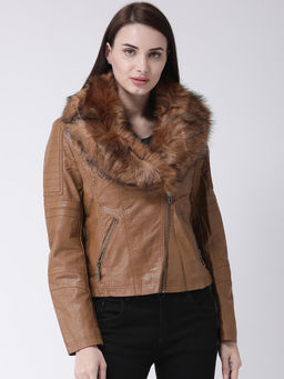 Latin Quarters - Brown Pu Solid Full Sleeve Fur Jacket
