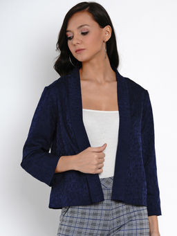 Latin Quarters - Navy Blue Jacquard Solid 3/4 Sleeve Stitching Jacket