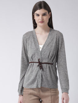 Latin Quarters - Beige Jacquard Knit Yarn Dyed Full Sleeve Pleats / Pin Tuck Shrug