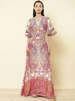 Label Ritu Kumar - V Neck Half Sleeves Printed Long Dress