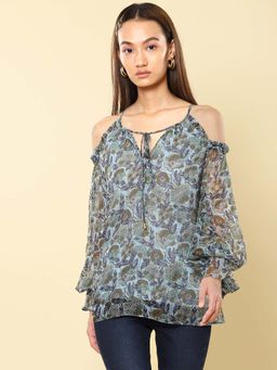 Label Ritu Kumar - Aqua Blue Floral Print Cold-Shoulder Top