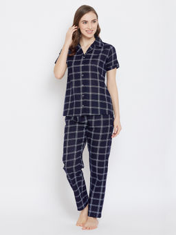 Clovia - Classy Checks Shirt & Pyjama in Dark Blue- 100 Cotton
