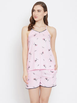 Clovia - Print Me Pretty Top & Shorts in Pink- Rayon