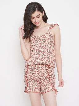 Clovia - Cotton Floral Printed Cami Top & Short Set - Pink