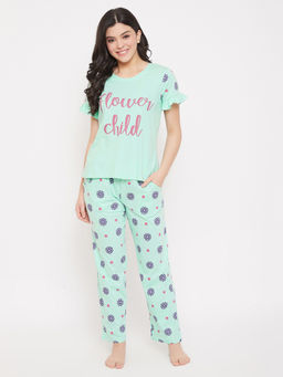 Clovia - Cotton Printed Top & Pyjama Set - Green