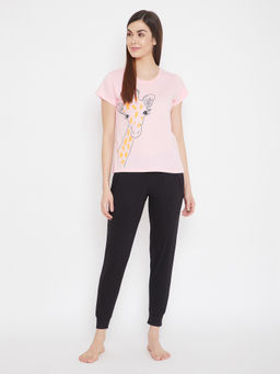 Clovia - Cotton Chest Printed Top & Pyjama Set - Pink