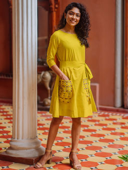 Okhai - Yellow Sunflower Pure Cotton Mirror Work Dress