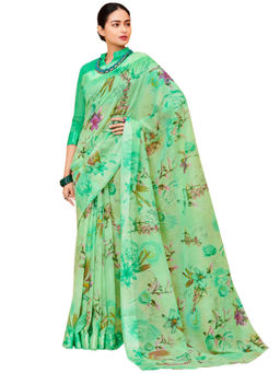 Sareemall - Green Floral Printed Cotton Silk Saree With Unstitched Blouse Piece