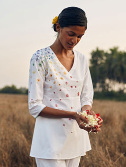 Okhai - 'Melange' Hand Embroidered Mirror Work Pure Cotton Short Top