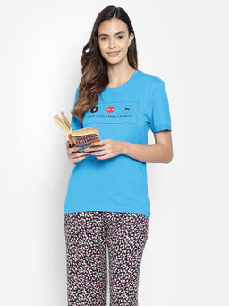 Clovia - Cotton Printed Short Sleeves Lounge T-shirt - Blue