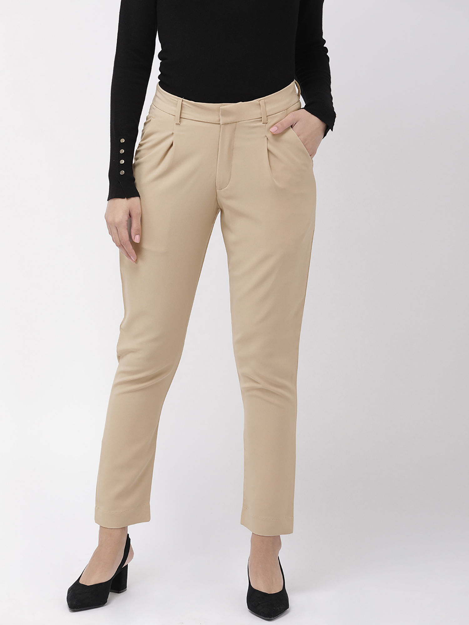 Buy Go Colors Beige Formal Trousers 