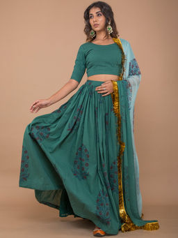 Lavanya The Label - Teal Lehenga Set With Printed Dupatta (Set of 3)