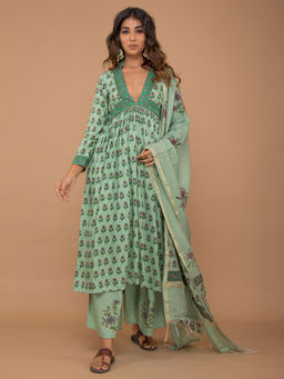 Lavanya The Label - Rayon Handblock Kurta & Palazzo With Dupatta (Set of 3)