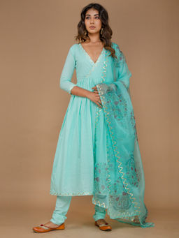 Lavanya The Label - Blue Cotton Suit Set With Dupatta (Set of 3)
