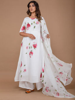 Lavanya The Label - White Hand Painted Kurta With Palazzo And Dupatta (Set of 3)
