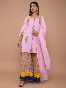 Lavanya The Label - Pink Floral Print Short Kurti With Sharara & Dupatta (Set of 3)