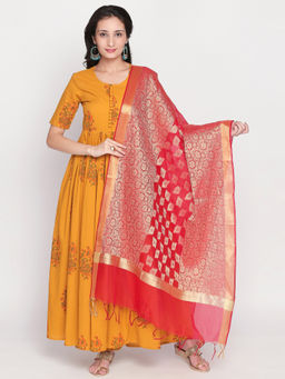 Lavanya The Label - Mustard Hand Block Suit Set With Banarasi Dupatta (Set of 3)