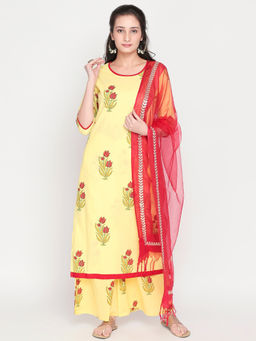 Lavanya The Label - Yellow Kurta & Palazzo With Dupatta (Set of 3)