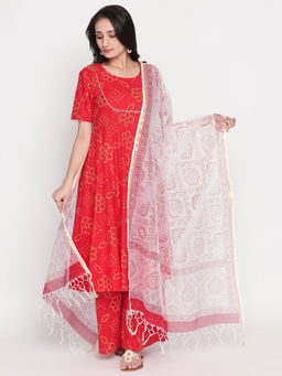 Lavanya The Label - Red Bandhej Suit Palazzo With Dupatta (Set of 3)