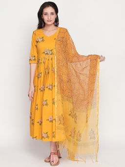 Lavanya The Label - Floral Dress With Kota Doriya Dupatta (Set of 2)